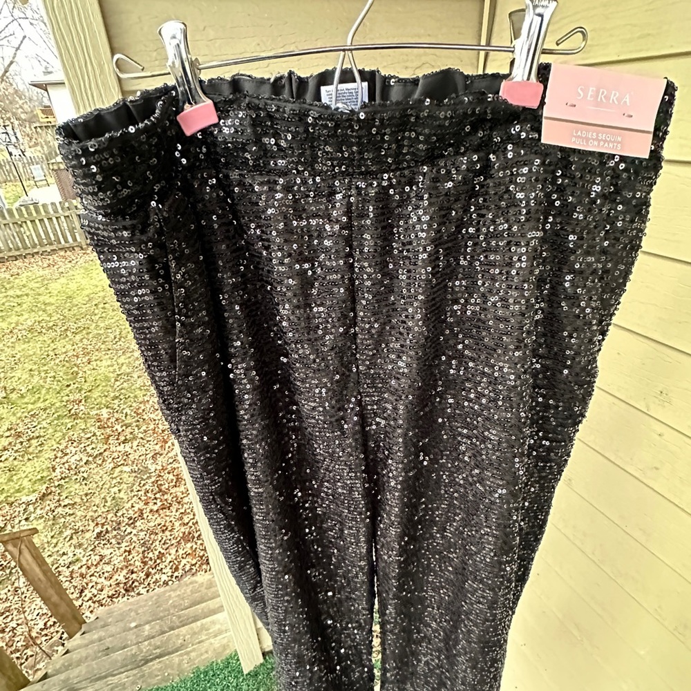 Ladies Sequin Pull on Pants, Aldi black sequin pants, large